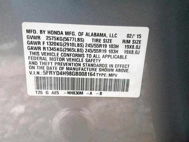 5FRYD4H98GB008164 - 2016 ACURA MDX ADVANC GRAY photo 10