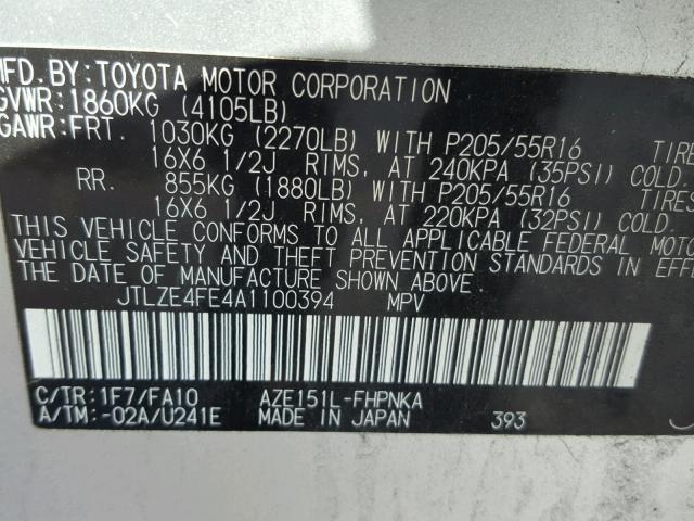 JTLZE4FE4A1100394 - 2010 TOYOTA SCION XB SILVER photo 10