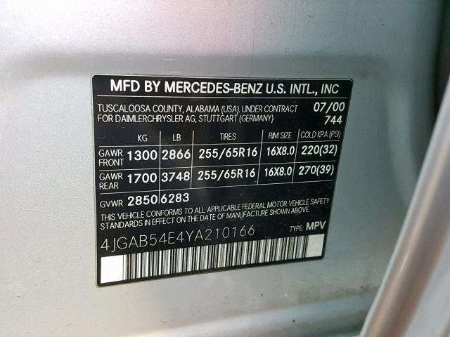 4JGAB54E4YA210166 - 2000 MERCEDES-BENZ ML 320 SILVER photo 10