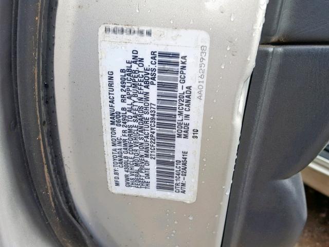 2T1CF22P4YC394377 - 2000 TOYOTA CAMRY SOLA SILVER photo 10