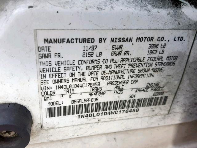 1N4DL01D4WC176458 - 1998 NISSAN ALTIMA XE WHITE photo 10