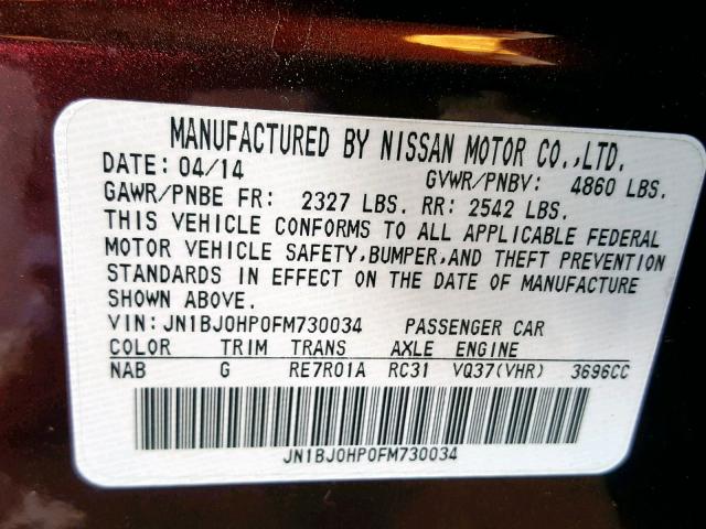 JN1BJ0HP0FM730034 - 2015 INFINITI QX50 MAROON photo 10