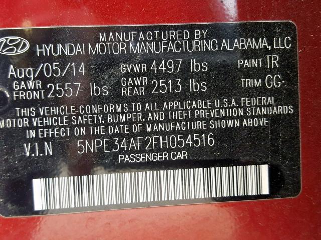 5NPE34AF2FH054516 - 2015 HYUNDAI SONATA SPO BURGUNDY photo 10