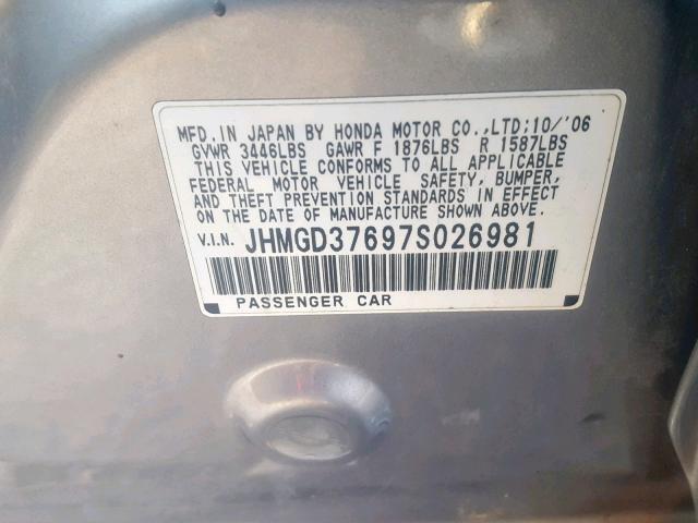 JHMGD37697S026981 - 2007 HONDA FIT S GRAY photo 10