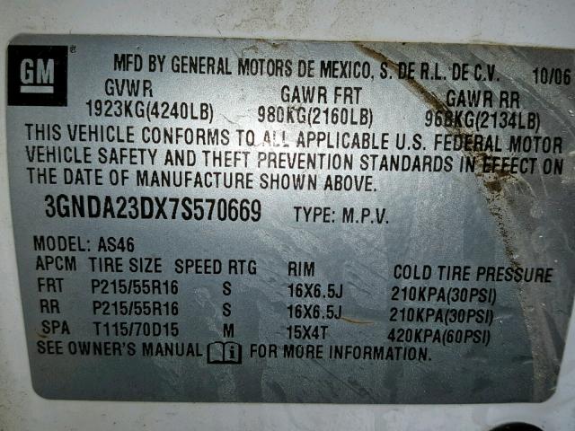 3GNDA23DX7S570669 - 2007 CHEVROLET HHR LT WHITE photo 10