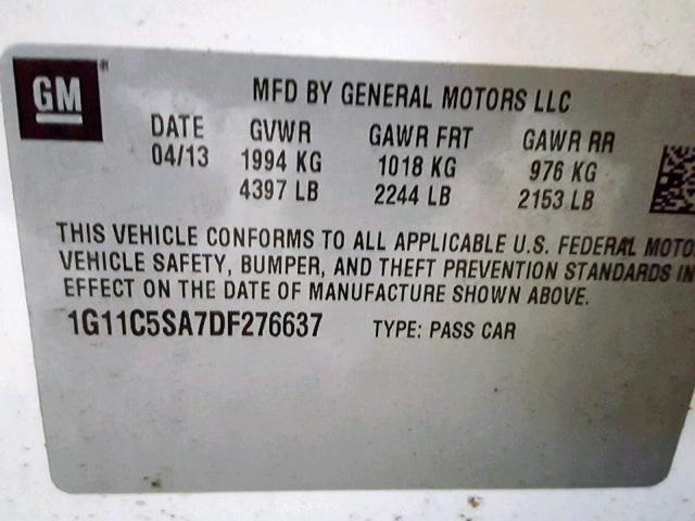 1G11C5SA7DF276637 - 2013 CHEVROLET MALIBU 1LT 白色 照片 10