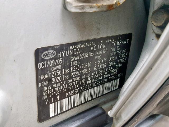 KM8SC73E16U078428 - 2006 HYUNDAI SANTA FE G GRAY photo 10