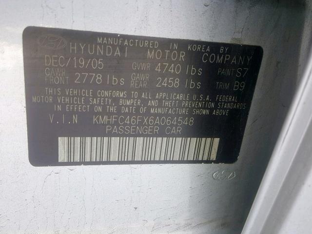 KMHFC46FX6A064548 - 2006 HYUNDAI AZERA SE SILVER photo 10