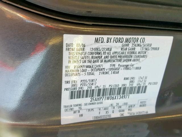 2FAHP71W06X134971 - 2006 FORD CROWN VICT GRAY photo 10