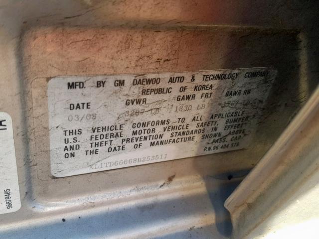 KL1TD66668B253511 - 2008 CHEVROLET AVEO BASE Күміс фото 10