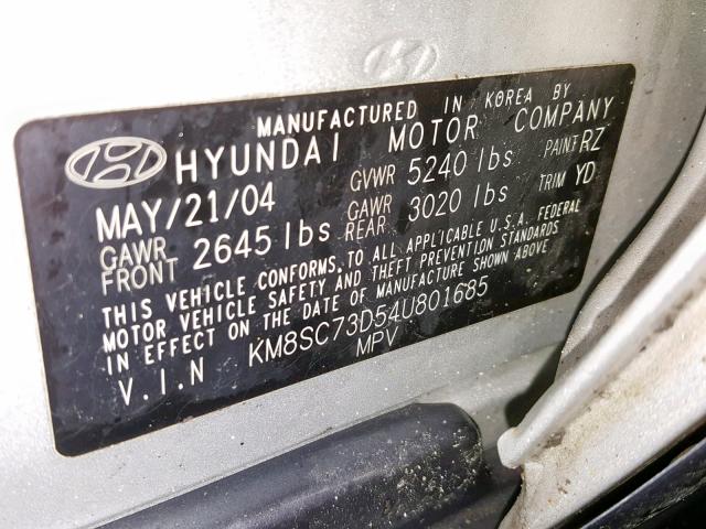 KM8SC73D54U801685 - 2004 HYUNDAI SANTA FE G SILVER photo 10