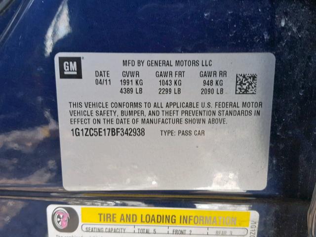 1G1ZC5E17BF342938 - 2011 CHEVROLET MALIBU 1LT ლურჯი ფოტო 10