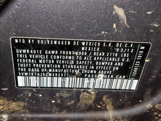 3VW1K7AJ5CM392311 - 2012 VOLKSWAGEN JETTA BASE GRAY photo 10