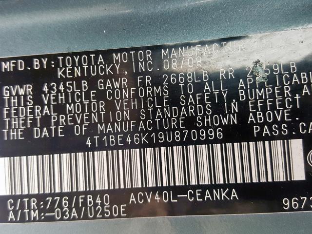 4T1BE46K19U870996 - 2009 TOYOTA CAMRY BASE GREEN photo 10