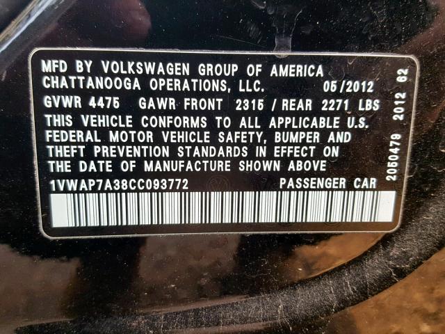 1VWAP7A38CC093772 - 2012 VOLKSWAGEN PASSAT S BLACK photo 10