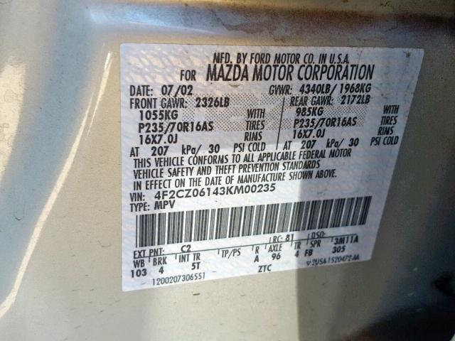 4F2CZ06143KM00235 - 2003 MAZDA TRIBUTE ES 棕色 照片 10