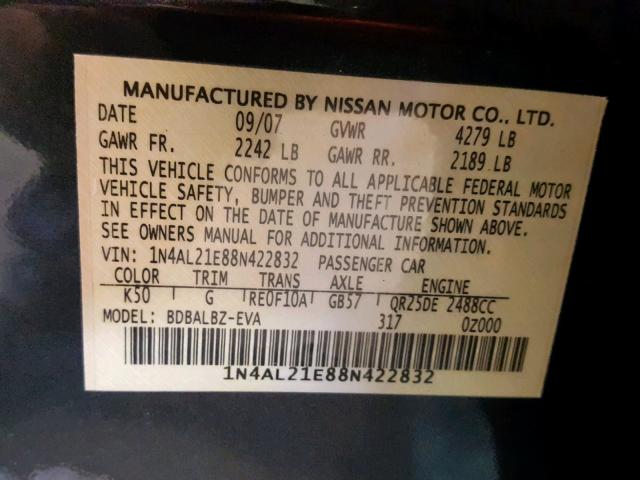 1N4AL21E88N422832 - 2008 NISSAN ALTIMA 2.5 GRAY photo 10