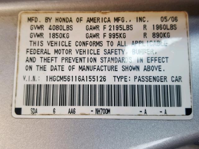 1HGCM56116A155126 - 2006 HONDA ACCORD VAL SILVER photo 10