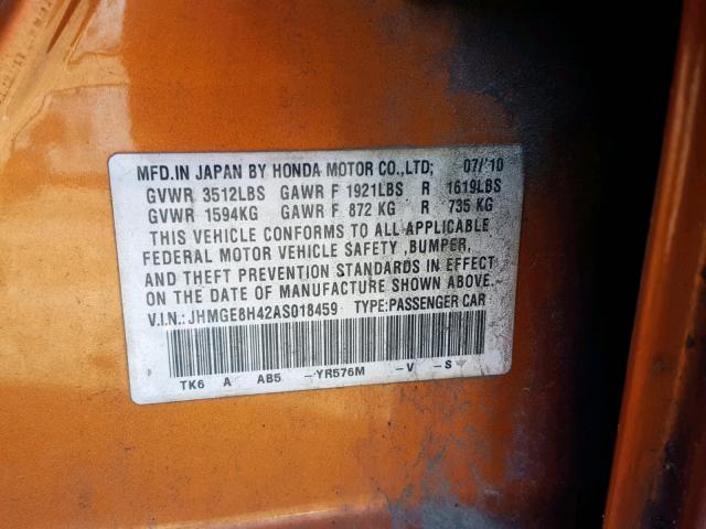 JHMGE8H42AS018459 - 2010 HONDA FIT SPORT ORANGE photo 10