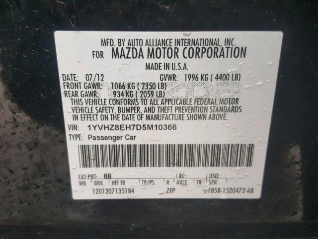 1YVHZ8EH7D5M10366 - 2013 MAZDA 6 TOURING BLACK photo 10