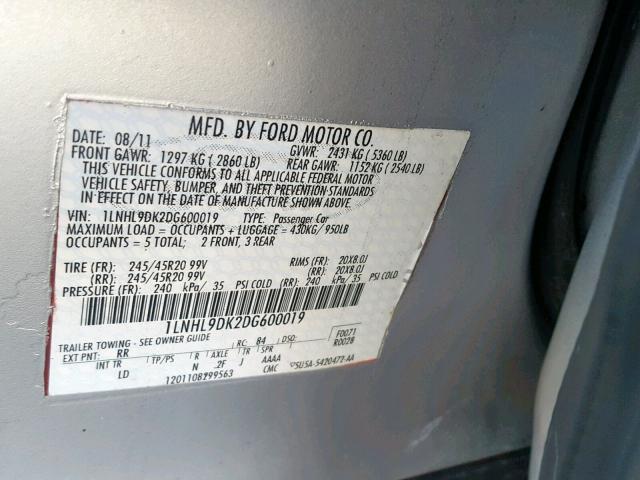 1LNHL9DK2DG600019 - 2013 LINCOLN MKS SILVER photo 10