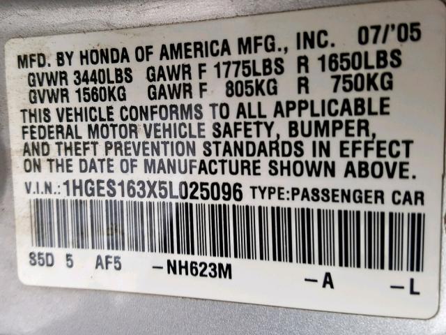 1HGES163X5L025096 - 2005 HONDA CIVIC DX V SILVER photo 10