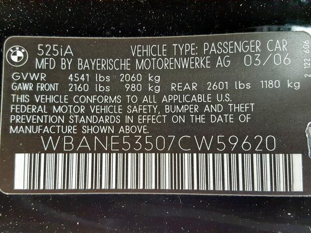 WBANE53507CW59620 - 2007 BMW 525 I BLACK photo 10