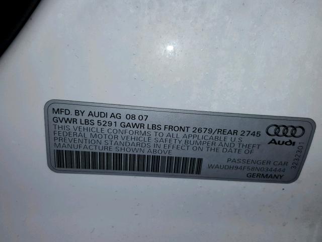 WAUDH94F58N034444 - 2008 AUDI A6 3.2 QUA WHITE photo 10