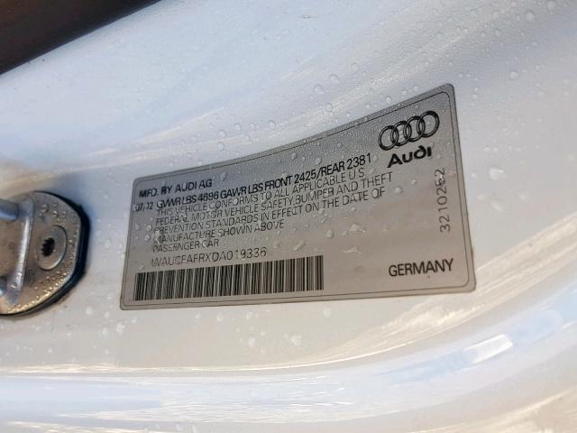 WAUCFAFRXDA019336 - 2013 AUDI A5 PREMIUM WHITE photo 10