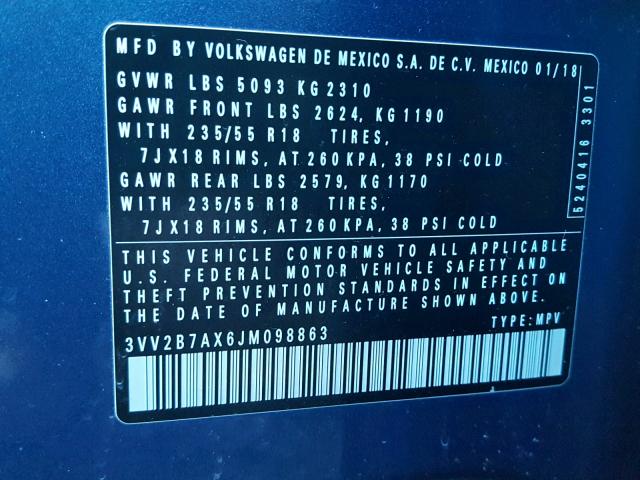3VV2B7AX6JM098863 - 2018 VOLKSWAGEN TIGUAN SE BLUE photo 10