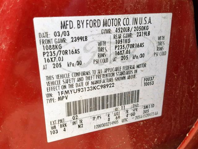 1FMYU93133KC98922 - 2003 FORD ESCAPE XLT RED photo 10