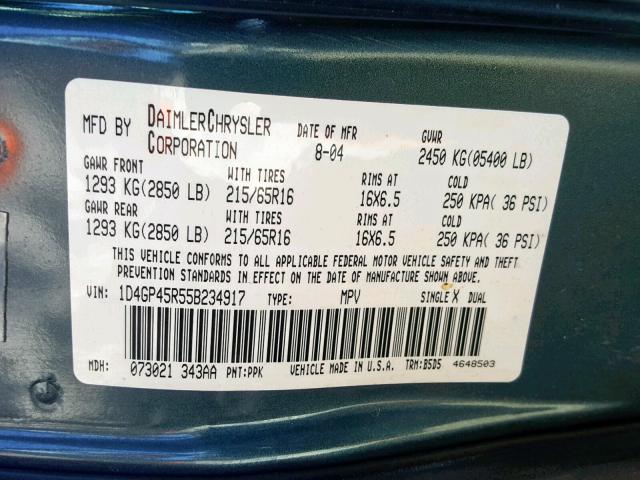 1D4GP45R55B234917 - 2005 DODGE CARAVAN SX GREEN photo 10