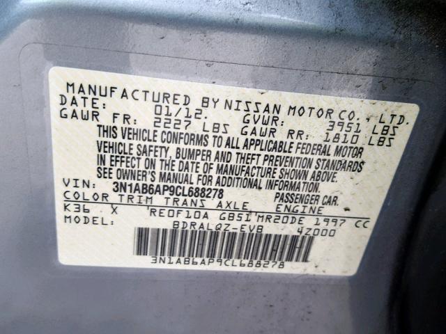 3N1AB6AP9CL688278 - 2012 NISSAN SENTRA 2.0 GRAY photo 10