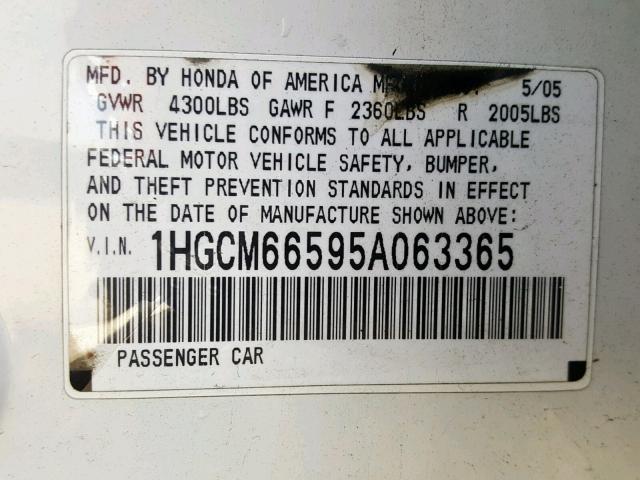 1HGCM66595A063365 - 2005 HONDA ACCORD EX WHITE photo 10