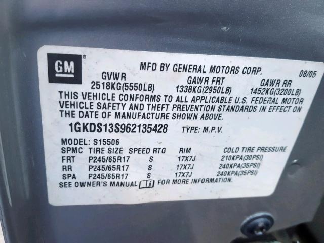 1GKDS13S962135428 - 2006 GMC ENVOY GRAY photo 10