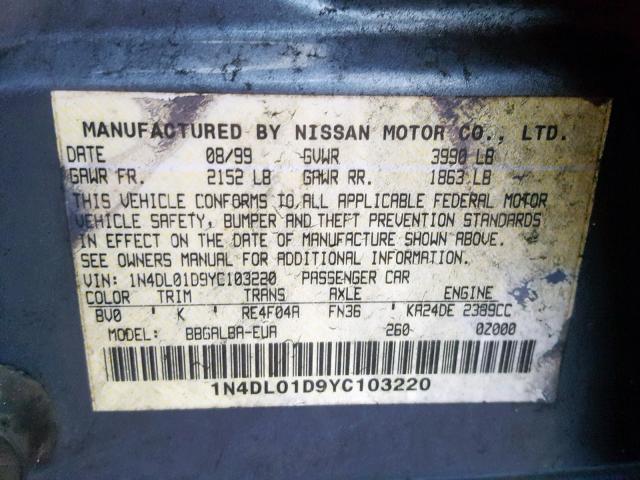 1N4DL01D9YC103220 - 2000 NISSAN ALTIMA XE BLUE photo 10