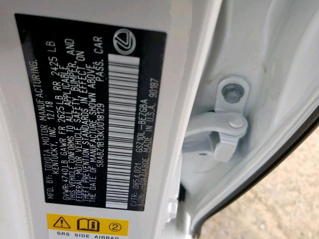 58ABZ1B13KU018129 - 2019 LEXUS ES 350 WHITE photo 10