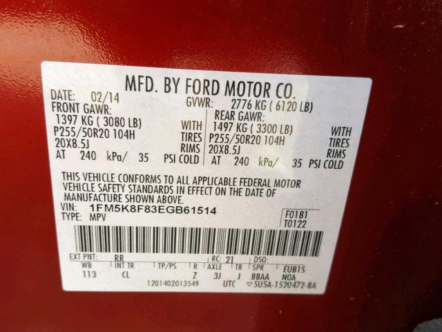 1FM5K8F83EGB61514 - 2014 FORD EXPLORER L RED photo 10