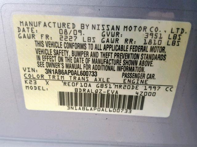 3N1AB6AP0AL600733 - 2010 NISSAN SENTRA 2.0 SILVER photo 10