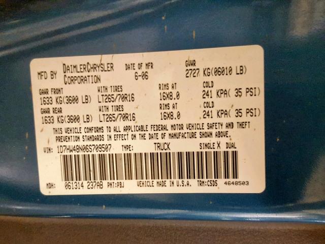 1D7HW48N06S709507 - 2006 DODGE DAKOTA QUA BLUE photo 10