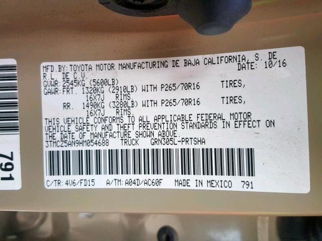 3TMCZ5AN9HM054688 - 2017 TOYOTA TACOMA DOU თაფლისფერი ფოტო 10