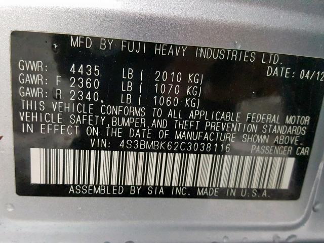 4S3BMBK62C3038116 - 2012 SUBARU LEGACY 2.5 SILVER photo 10