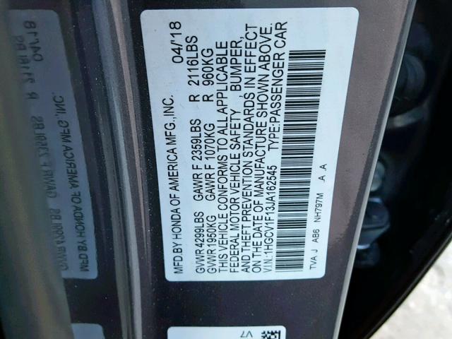 1HGCV1F13JA162545 - 2018 HONDA ACCORD LX GRAY photo 10