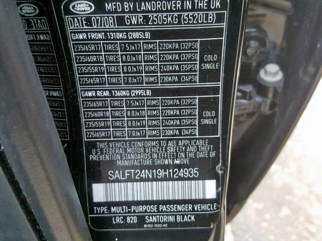 SALFT24N19H124935 - 2009 LAND ROVER LR2 HSE TE BLACK photo 10