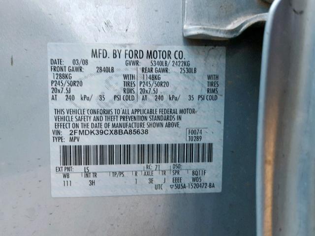 2FMDK39CX8BA85638 - 2008 FORD EDGE LIMIT BLUE photo 10