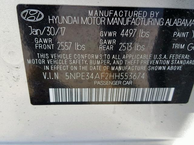 5NPE34AF2HH553674 - 2017 HYUNDAI SONATA SPO SILVER photo 10