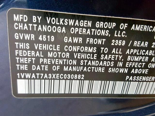 1VWAT7A3XEC030882 - 2014 VOLKSWAGEN PASSAT S BLUE photo 10