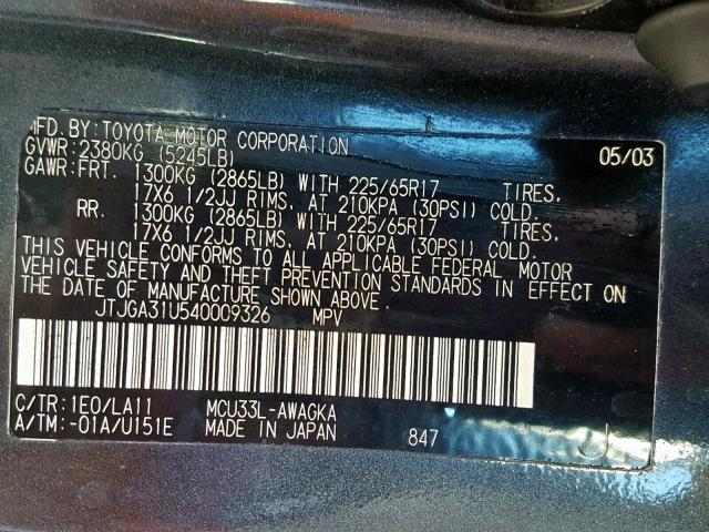 JTJGA31U540009326 - 2004 LEXUS RX 330 GRAY photo 10