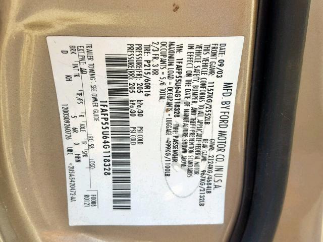 1FAFP55U64G118328 - 2004 FORD TAURUS SES BEIGE photo 10