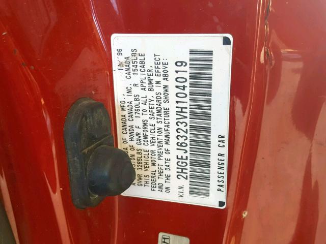 2HGEJ6323VH104019 - 1997 HONDA CIVIC CX RED photo 10